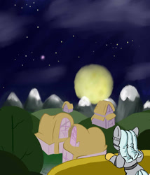 Size: 1757x2048 | Tagged: safe, artist:greenfinger, oc, oc only, oc:turing test, species:pony, fanfic:the iron horse: everything's better with robots, fanfic art, full moon, house, moon, robot, robot pony, solo, stargazing, stars