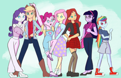 Size: 3400x2200 | Tagged: safe, artist:pettypop, character:applejack, character:fluttershy, character:pinkie pie, character:rainbow dash, character:rarity, character:sunset shimmer, character:twilight sparkle, character:twilight sparkle (scitwi), species:eqg human, my little pony:equestria girls, clothing, converse, dress, fashion, humane five, humane seven, humane six, shoes
