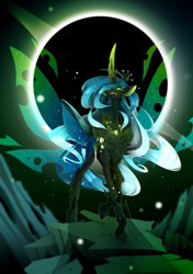 Size: 2607x3704 | Tagged: safe, artist:taiga-blackfield, character:queen chrysalis, species:changeling, badass, changeling queen, eclipse, epic, female, high res, smiling, solo, spread wings, wings