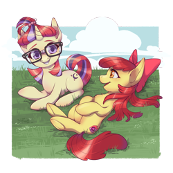 Size: 2337x2337 | Tagged: safe, artist:taytinabelle, derpibooru original, character:apple bloom, character:moondancer, species:earth pony, species:pony, species:unicorn, /mlp/, g4, adorabloom, bow, chest fluff, cute, dancerbetes, fanfic art, female, glasses, hair bun, mane bow, mare, missing accessory, older, older apple bloom, pregnant, profile, this will end in tears, three quarter view