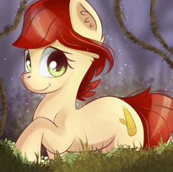 Size: 1280x1277 | Tagged: safe, artist:autumnvoyage, oc, oc only, oc:canni soda, species:earth pony, species:pony, female, forest, looking at you, mare, raised hoof, smiling, solo