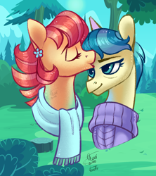 Size: 1600x1800 | Tagged: safe, artist:eeviart, character:aunt holiday, character:auntie lofty, species:pony, ship:lofty day, episode:the last crusade, g4, my little pony: friendship is magic, bust, clothing, eyes closed, female, kissing, lesbian, mare, scarf, shipping