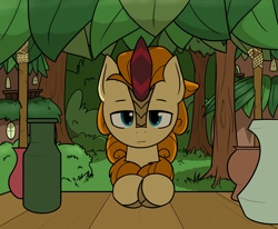 Size: 2256x1857 | Tagged: safe, artist:alexi148, character:autumn afternoon, species:kirin, bush, cloven hooves, kirin village, leaves, looking at you, male, solo, store, tree, vase