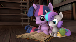 Size: 1920x1080 | Tagged: safe, artist:dracagon, character:princess flurry heart, character:twilight sparkle, character:twilight sparkle (alicorn), species:alicorn, species:pony, 3d, best aunt ever, book, prone, whammy