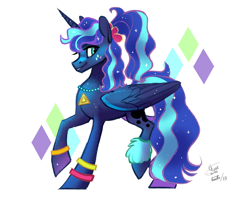 Size: 2500x2000 | Tagged: safe, artist:eeviart, character:princess luna, species:alicorn, species:pony, episode:between dark and dawn, g4, my little pony: friendship is magic, 80s, 80s princess luna, abstract background, alternate hairstyle, cute, female, jewelry, lunabetes, mare, necklace, ponytail, profile, simple background, smiling, solo, white background