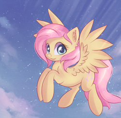 Size: 2118x2071 | Tagged: safe, artist:autumnvoyage, character:fluttershy, species:pegasus, species:pony, cute, ear fluff, female, flying, looking at you, mare, short hair, shyabetes, sky, smiling, solo, spread wings, three quarter view, wings