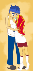 Size: 346x751 | Tagged: safe, artist:pettypop, character:flash sentry, character:sunset shimmer, species:human, ship:flashimmer, my little pony:equestria girls, bedroom eyes, clothing, cute, female, looking at each other, male, no pupils, shipping, slippers, socks, straight, tank top