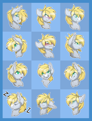 Size: 1636x2148 | Tagged: safe, artist:taiga-blackfield, oc, oc only, oc:cutting chipset, species:pony, angry, blushing, embarrassed, emote, emotes, floppy ears, glare, happy, sad, sleeping, smug, surprised, text