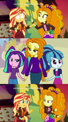 Size: 614x1096 | Tagged: safe, artist:dilemmas4u, edit, screencap, character:adagio dazzle, character:aria blaze, character:sonata dusk, character:sunset shimmer, equestria girls:sunset's backstage pass, g4, my little pony: equestria girls, my little pony:equestria girls, spoiler:eqg series (season 2), adoragio, alternate universe, ariabetes, beautiful, blank eyes, cute, female, glowing eyes, good end, holding hands, loose hair, mamadagio, meme, mother, mother and daughter, older, show accurate, sonatabetes, sunset sees things, taco tuesday, the dazzlings, white eyes, wholesome, wide eyes, younger