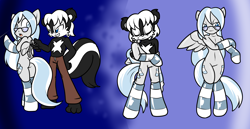 Size: 2528x1302 | Tagged: safe, artist:chaoscroc, oc, oc only, oc:scotskunk, oc:stripe shine, species:anthro, species:pegasus, species:pony, species:unguligrade anthro, abstract background, both cutie marks, clothing, furry, furry oc, glasses, inanimate tf, living suit, pants, pegasus oc, ponysuit, skunk, socks, striped socks, transformation, transformation sequence, wings, zipper