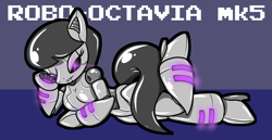 Size: 2172x1120 | Tagged: safe, artist:chaoscroc, character:octavia melody, species:anthro, draw me like one of your french girls, female, glowing eyes, gynoid, high heels, lying down, robot, robot pony, roboticization, shoes, solo
