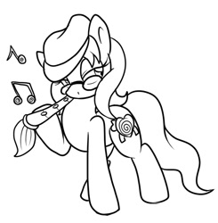 Size: 596x607 | Tagged: safe, artist:chaoscroc, oc, oc only, oc:spiral desire, species:pony, clothing, flute, glasses, hat, lineart, music notes, musical instrument, paintbrush, solo