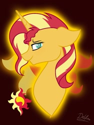 Size: 768x1024 | Tagged: safe, artist:delfinaluther, character:sunset shimmer, species:pony, species:unicorn, aside glance, bust, catasterism, cutie mark, female, glow, looking at you, looking sideways, mare, portrait, signature, simple background, solo, sunshine shimmer