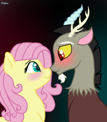 Size: 600x682 | Tagged: safe, artist:delfinaluther, character:discord, character:fluttershy, species:draconequus, species:pony, ship:discoshy, blushing, boop, female, gradient background, looking at each other, male, noseboop, shipping, signature, straight
