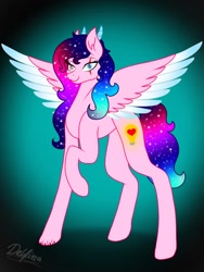 Size: 768x1024 | Tagged: safe, artist:delfinaluther, oc, oc only, oc:delfina, species:alicorn, species:pony, alicorn oc, bicorn, colored wings, ethereal mane, eye scar, female, galaxy mane, gradient wings, heterochromia, looking at you, mare, raised hoof, scar, signature, solo, spread wings, wings