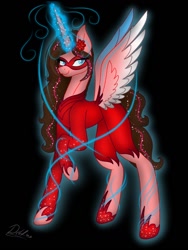 Size: 768x1024 | Tagged: safe, artist:delfinaluther, oc, oc only, species:alicorn, species:pony, alicorn oc, black background, clothing, female, glowing horn, horn, magic, mare, mask, raised hoof, signature, simple background, solo, spread wings, wings