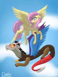 Size: 768x1024 | Tagged: safe, artist:delfinaluther, character:discord, character:fluttershy, species:draconequus, species:pegasus, species:pony, ship:discoshy, blushing, chest fluff, cloud, colored pupils, female, flying, looking at each other, male, mare, shipping, signature, sky, straight