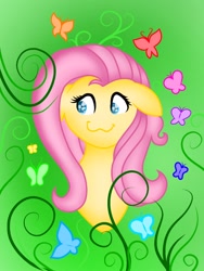 Size: 768x1024 | Tagged: safe, artist:delfinaluther, character:fluttershy, species:pegasus, species:pony, :3, butterfly, colored pupils, female, floppy ears, mare, solo