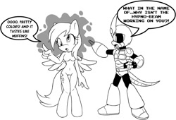 Size: 1081x737 | Tagged: safe, artist:chaoscroc, character:derpy hooves, oc, oc:chaoscroc, species:anthro, species:pegasus, species:pony, species:unguligrade anthro, barbie doll anatomy, breasts, confused, derp, dialogue, featureless breasts, monochrome
