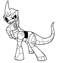 Size: 759x845 | Tagged: safe, artist:chaoscroc, oc, oc only, oc:chaoscroc, species:pony, lineart, monochrome, ponified, raised hoof, robot, robot pony, solo, thinking