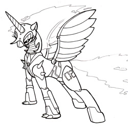 Size: 781x779 | Tagged: safe, artist:chaoscroc, character:nightmare moon, character:princess luna, species:alicorn, species:pony, armor, ethereal mane, lineart, monochrome, robot, robot pony, roboticization