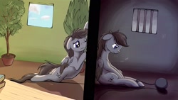 Size: 1920x1080 | Tagged: safe, artist:shaliwolf, oc, oc only, unnamed oc, species:pegasus, species:pony, ball and chain, book, contrast, duality, floppy ears, potted plant, prison, prisoner, sad, sitting, wall, window