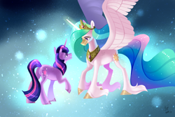 Size: 3000x2000 | Tagged: safe, artist:eeviart, character:princess celestia, character:twilight sparkle, character:twilight sparkle (unicorn), species:alicorn, species:pony, species:unicorn, episode:magical mystery cure, g4, my little pony: friendship is magic, collar, crown, duo, eye contact, female, hoof fluff, jewelry, long feather, looking at each other, mare, necklace, princess celestia's special princess making dimension, regalia, smiling, teacher and student, unshorn fetlocks