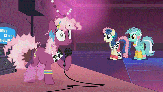 Size: 631x356 | Tagged: safe, artist:mysteryben, character:bon bon, character:cheerilee, character:lyra heartstrings, character:sweetie drops, species:pony, 80's fashion, 80s, 80s cheerilee, 80s hair, animated, bobbing, curly hair, don't start un-believing, don't stop believing, double dipper, faceplant, female, gif, gravity falls, journey (band), karaoke, leg warmers, ponies: the anthology 3, song reference, youtube link, zebra stripes