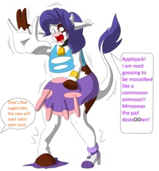 Size: 861x928 | Tagged: safe, artist:tfsubmissions, character:rarity, species:cow, my little pony:equestria girls, armpits, bell, clothing, cowbell, dialogue, feral, raricow, ripping clothes, species swap, speech change, transformation, udder
