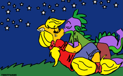Size: 1053x655 | Tagged: safe, artist:tmntfan85, character:applejack, character:spike, ship:applespike, female, kissing, male, shipping, stars, straight