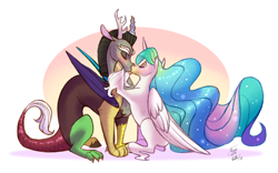 Size: 3000x1870 | Tagged: safe, artist:eeviart, character:discord, character:princess celestia, species:alicorn, species:draconequus, species:pony, ship:dislestia, abstract background, female, kissing, male, mare, shipping, straight, unshorn fetlocks