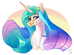 Size: 2150x1620 | Tagged: safe, artist:eeviart, character:princess celestia, species:alicorn, species:pony, abstract background, bust, female, lidded eyes, mare, solo