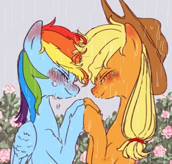 Size: 826x788 | Tagged: safe, artist:nota_mano, character:applejack, character:rainbow dash, species:earth pony, species:pegasus, species:pony, ship:appledash, applejack's hat, blushing, clothing, cowboy hat, crying, eyes closed, female, flower, hat, holding hooves, lesbian, shipping, tears of joy