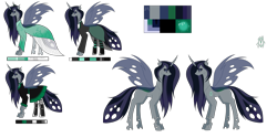 Size: 9921x4960 | Tagged: safe, artist:moonlight0shadow0, oc, oc only, oc:princess black lichen, parent:queen chrysalis, parent:shining armor, parents:shining chrysalis, species:changepony, species:pony, icey-verse, absurd resolution, boots, clothing, crown, dress, ear piercing, earring, eyeshadow, female, hybrid, interspecies offspring, jacket, jewelry, leather jacket, makeup, mare, offspring, piercing, reference sheet, regalia, shirt, shoes, simple background, skirt, socks, solo, stockings, striped socks, t-shirt, tattoo, thigh highs, transparent background, white changeling