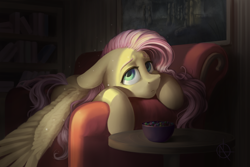 Size: 3000x2000 | Tagged: safe, artist:klarapl, character:fluttershy, species:pegasus, species:pony, couch, dark, female, floppy ears, high res, indoors, lidded eyes, looking at you, looking up, mare, prone, solo, spread wings, three quarter view, wings
