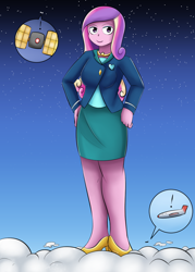 Size: 940x1310 | Tagged: safe, artist:dinobirdofdoom, character:dean cadance, character:princess cadance, my little pony:equestria girls, atmosphere, clothing, commission, female, giantess, high heels, macro, plane, satellite, shoes, skirt, solo, space