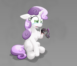 Size: 1600x1366 | Tagged: safe, artist:oddwarg, character:sweetie belle, species:pony, species:unicorn, sweetie bot, blank flank, crying, damaged, female, filly, floppy ears, foal, gray background, hooves, horn, robot, robot gore, robot pony, sad, simple background, sitting, solo
