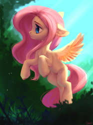 Size: 1280x1707 | Tagged: safe, artist:vensual99, rcf community, character:fluttershy, species:pegasus, species:pony, cute, ear fluff, female, floppy ears, fluffy, flying, frown, mare, scenery, shyabetes, solo, spread wings, wings