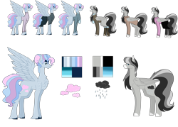 Size: 7937x5669 | Tagged: safe, artist:moonlight0shadow0, oc, oc only, oc:drizzle cloud, oc:fluffy breeze, species:pegasus, species:pony, blaze (coat marking), boots, chest fluff, chubby, clothing, ear piercing, earring, female, fluffy, freckles, headband, hoodie, jacket, jeans, jewelry, leggings, male, mare, multicolored hair, pants, piercing, reference sheet, scarf, shoes, simple background, skirt, socks, stallion, sweater, transparent background, unshorn fetlocks