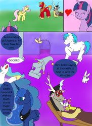 Size: 1000x1372 | Tagged: safe, artist:emilou1985, character:big mcintosh, character:discord, character:fluttershy, character:princess celestia, character:princess luna, character:twilight sparkle, character:twilight sparkle (alicorn), oc, species:alicorn, species:pony, comic:signs, ship:fluttermac, female, male, shipping, straight