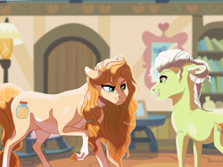Size: 4000x3000 | Tagged: safe, artist:venommocity, character:granny smith, character:pear butter, species:pony, looking at each other, mother and daughter-in-law, open mouth, raised hoof, smiling, smirk, story included, younger