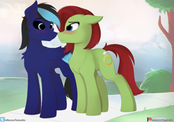Size: 3092x2160 | Tagged: safe, artist:hevypony, oc, oc:cobalt strike, oc:sodapop, species:pony, blushing, boop, bush, cobapop, couple, lidded eyes, looking at each other, patreon, patreon logo