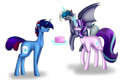 Size: 6333x4140 | Tagged: safe, artist:moonlight0shadow0, character:starlight glimmer, oc, oc:elizabat stormfeather, oc:marquis majordome, species:alicorn, species:bat pony, species:pony, species:unicorn, absurd resolution, alicorn oc, bat pony alicorn, bat pony oc, birthday cake, cake, commission, cute, female, flying, food, glasses, glowing horn, horn, male, mare, plate, raised hoof, simple background, stallion, transparent background