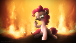 Size: 1920x1080 | Tagged: safe, artist:fongsaunder, character:pinkie pie, species:pony, evil, female, fire, moustache, sitting, solo