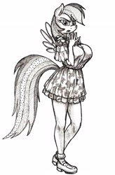 Size: 2976x4528 | Tagged: safe, artist:horselover fat, character:rainbow dash, species:anthro, adorasexy, angry, big breasts, breasts, busty rainbow dash, clothing, cute, female, looking at you, monochrome, sexy, shoes, skirt, socks, solo, tail, wings