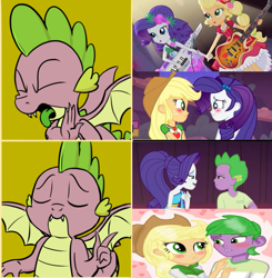 Size: 709x722 | Tagged: safe, artist:georgegarza01, artist:pony-berserker edits, edit, edited screencap, screencap, character:applejack, character:rarity, character:spike, species:dragon, ship:applespike, ship:sparity, equestria girls:legend of everfree, equestria girls:rollercoaster of friendship, equestria girls:spring breakdown, g4, my little pony: equestria girls, my little pony:equestria girls, spoiler:eqg series (season 2), anti-shipping, drake, equestria girls-ified, female, geode of super strength, hotline bling, human spike, implied lesbian, implied rarijack, implied shipping, magical geodes, male, meme, op is a duck, op is trying to start shit, shipping, straight, winged spike