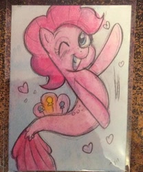 Size: 600x722 | Tagged: safe, artist:marybellamy, character:pinkie pie, species:seapony (g4), cute, diapinkes, female, heart, mixed media, one eye closed, pencil drawing, seaponified, seapony pinkie pie, signature, smiling, solo, species swap, traditional art, underwater, watercolor painting, waving, wink