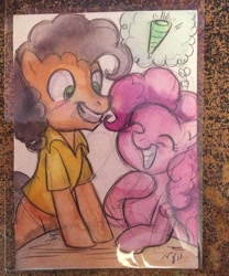 Size: 600x722 | Tagged: safe, artist:marybellamy, character:cheese sandwich, character:pinkie pie, species:pony, clothing, hat, mixed media, party hat, pencil drawing, smiling, thought bubble, traditional art, watercolor painting