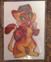 Size: 600x722 | Tagged: safe, artist:marybellamy, character:capper dapperpaws, species:abyssinian, species:anthro, my little pony: the movie (2017), cat, chibi, clothing, coat, looking at you, male, mixed media, painting, pencil drawing, smiling, solo, traditional art, watercolor painting