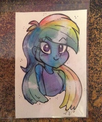 Size: 600x720 | Tagged: safe, artist:marybellamy, character:rainbow dash, my little pony:equestria girls, bust, mixed media, pencil drawing, smiling, traditional art, watercolor painting